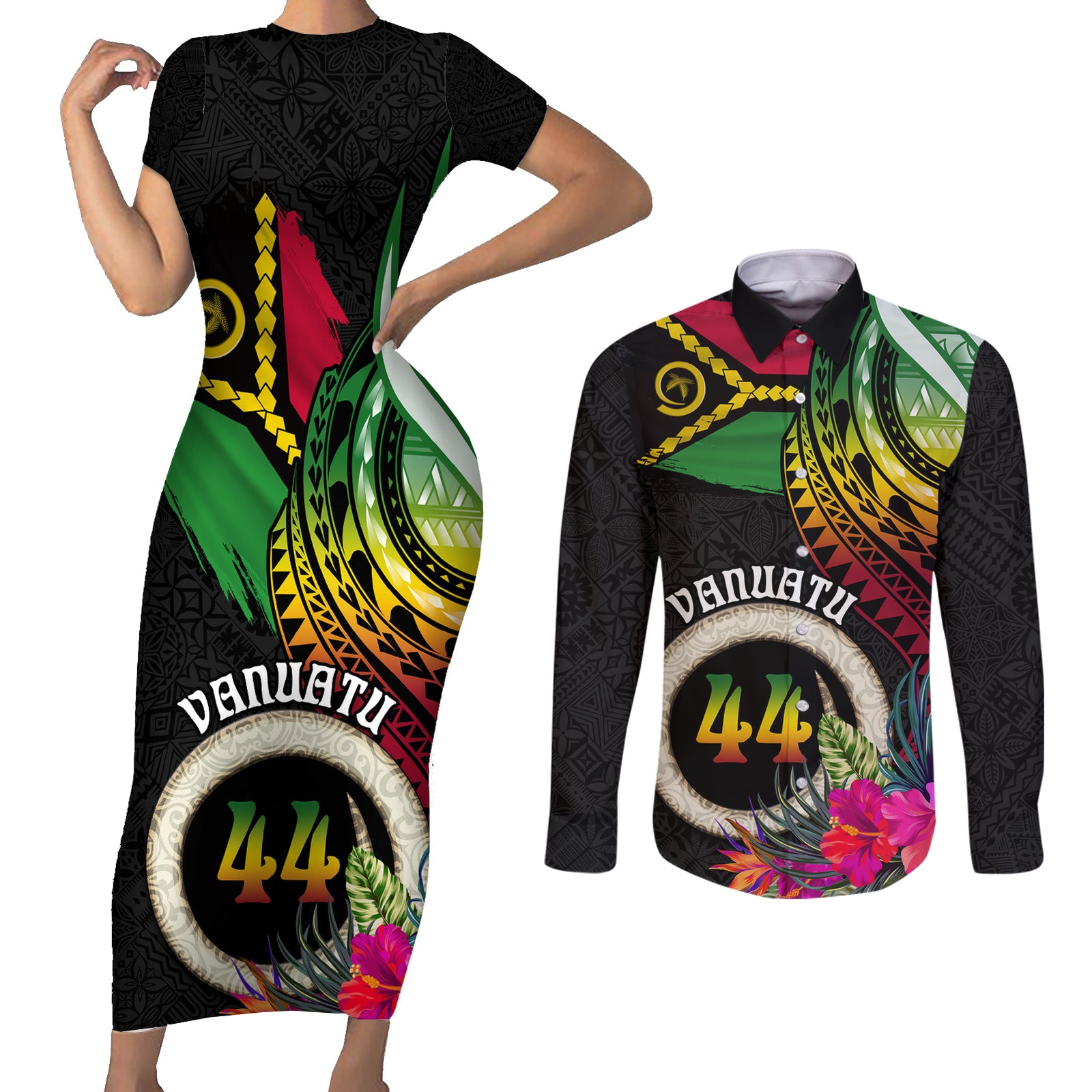 Personalised Vanuatu 44th Anniversary Couples Matching Short Sleeve Bodycon Dress and Long Sleeve Button Shirt Boars Tusk Tugeta Yumi Selebretem Indipendens Dei LT03 Black - Polynesian Pride