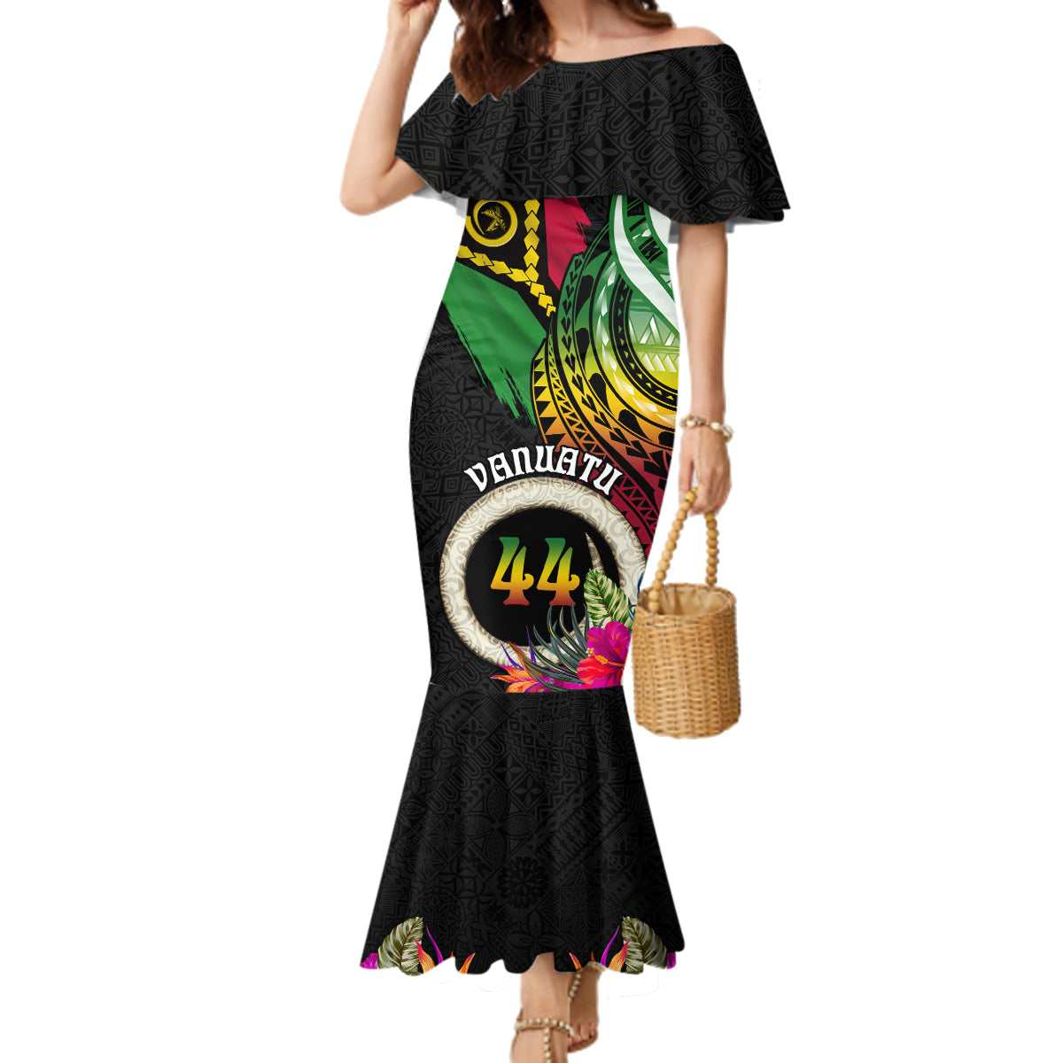Vanuatu 44th Anniversary Family Matching Mermaid Dress and Hawaiian Shirt Boars Tusk Tugeta Yumi Selebretem Indipendens Dei