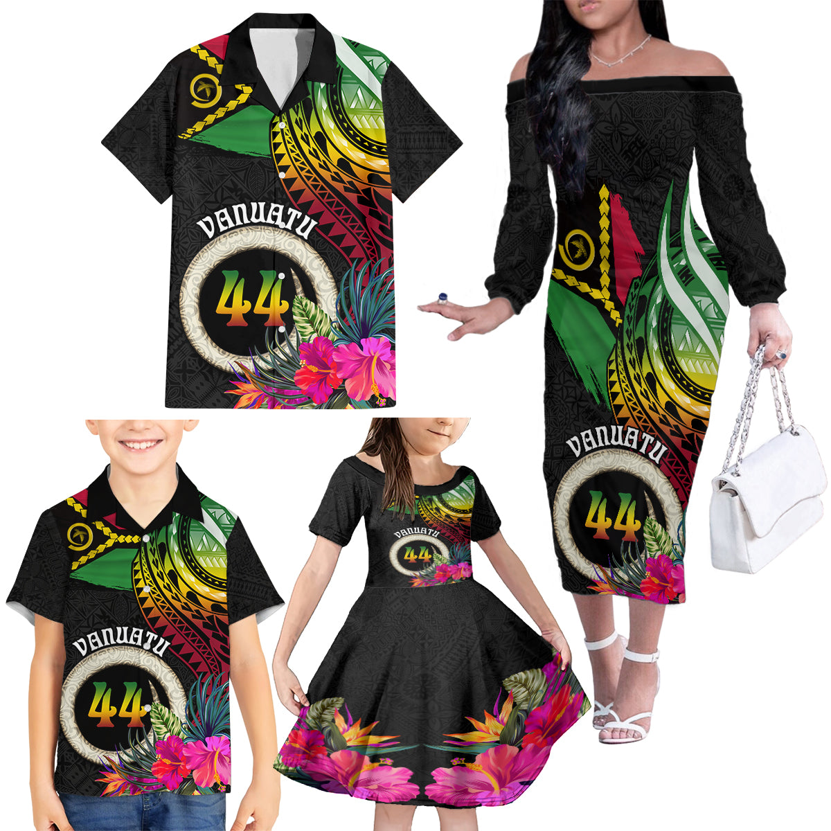 Vanuatu 44th Anniversary Family Matching Off The Shoulder Long Sleeve Dress and Hawaiian Shirt Boars Tusk Tugeta Yumi Selebretem Indipendens Dei