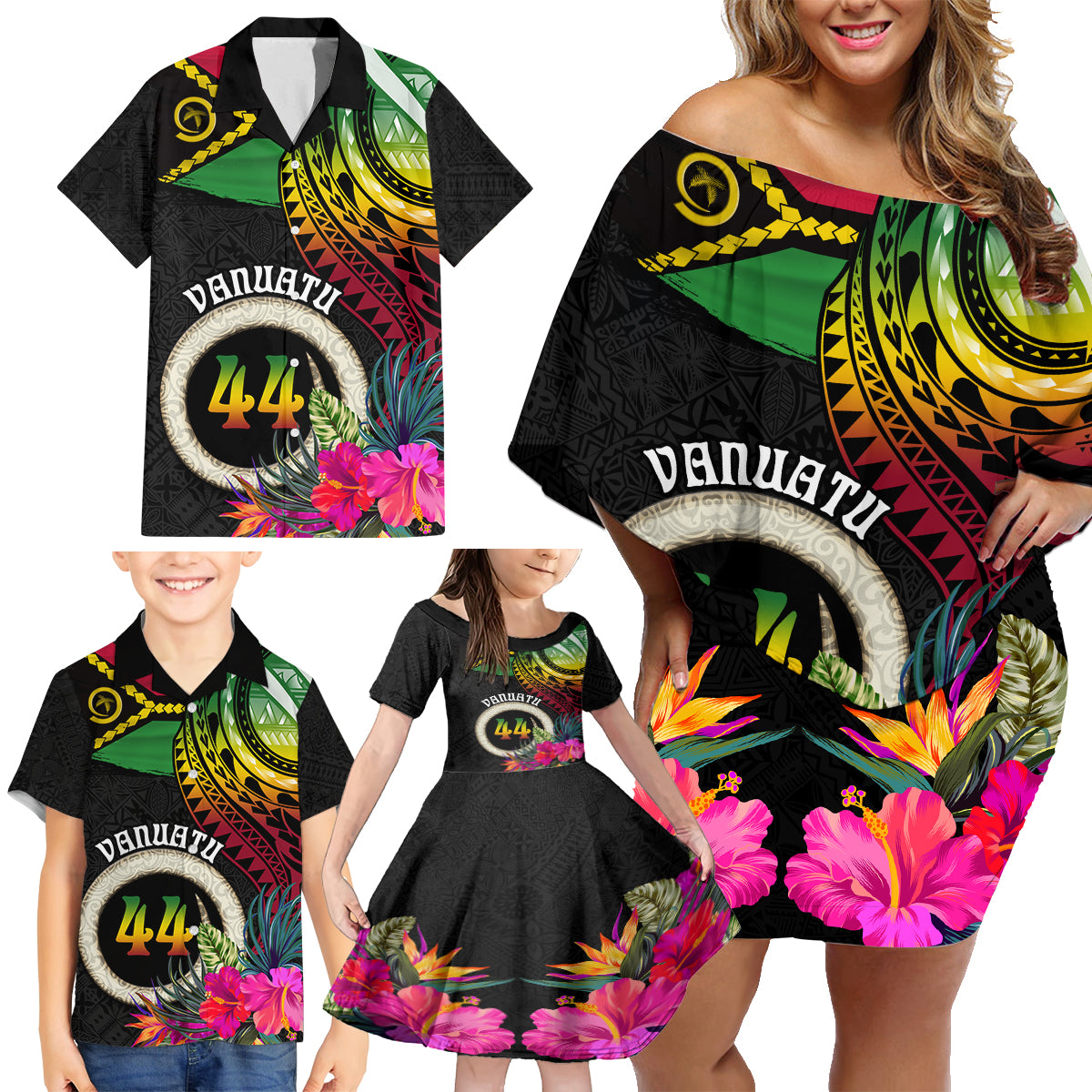 Personalised Vanuatu 44th Anniversary Family Matching Off Shoulder Short Dress and Hawaiian Shirt Boars Tusk Tugeta Yumi Selebretem Indipendens Dei LT03 - Polynesian Pride