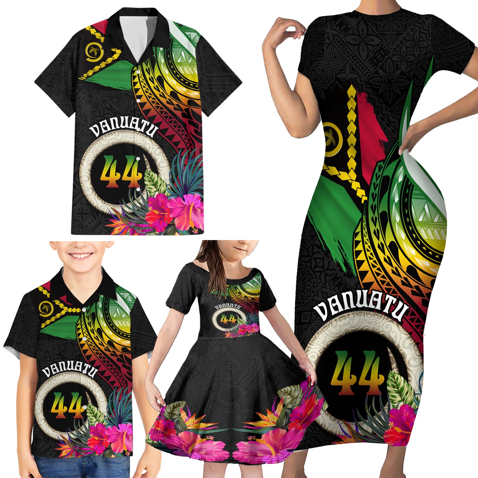 Vanuatu 44th Anniversary Family Matching Short Sleeve Bodycon Dress and Hawaiian Shirt Boars Tusk Tugeta Yumi Selebretem Indipendens Dei