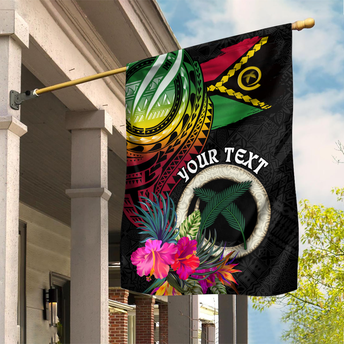 Personalised Vanuatu 44th Anniversary Garden Flag Boars Tusk Tugeta Yumi Selebretem Indipendens Dei LT03 House Flag Black - Polynesian Pride