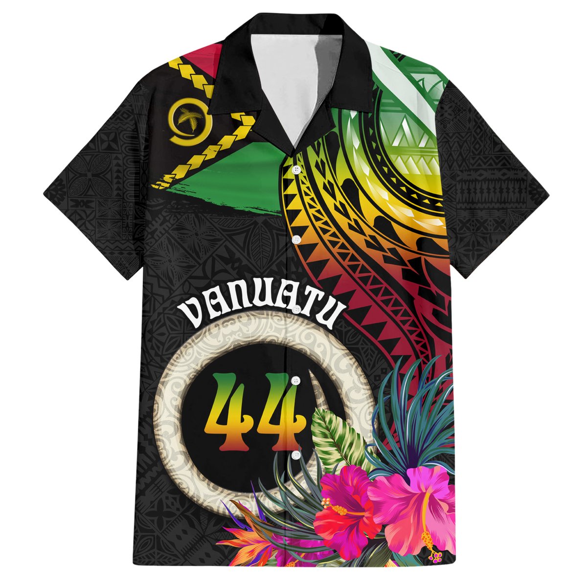 Personalised Vanuatu 44th Anniversary Hawaiian Shirt Boars Tusk Tugeta Yumi Selebretem Indipendens Dei LT03 Black - Polynesian Pride