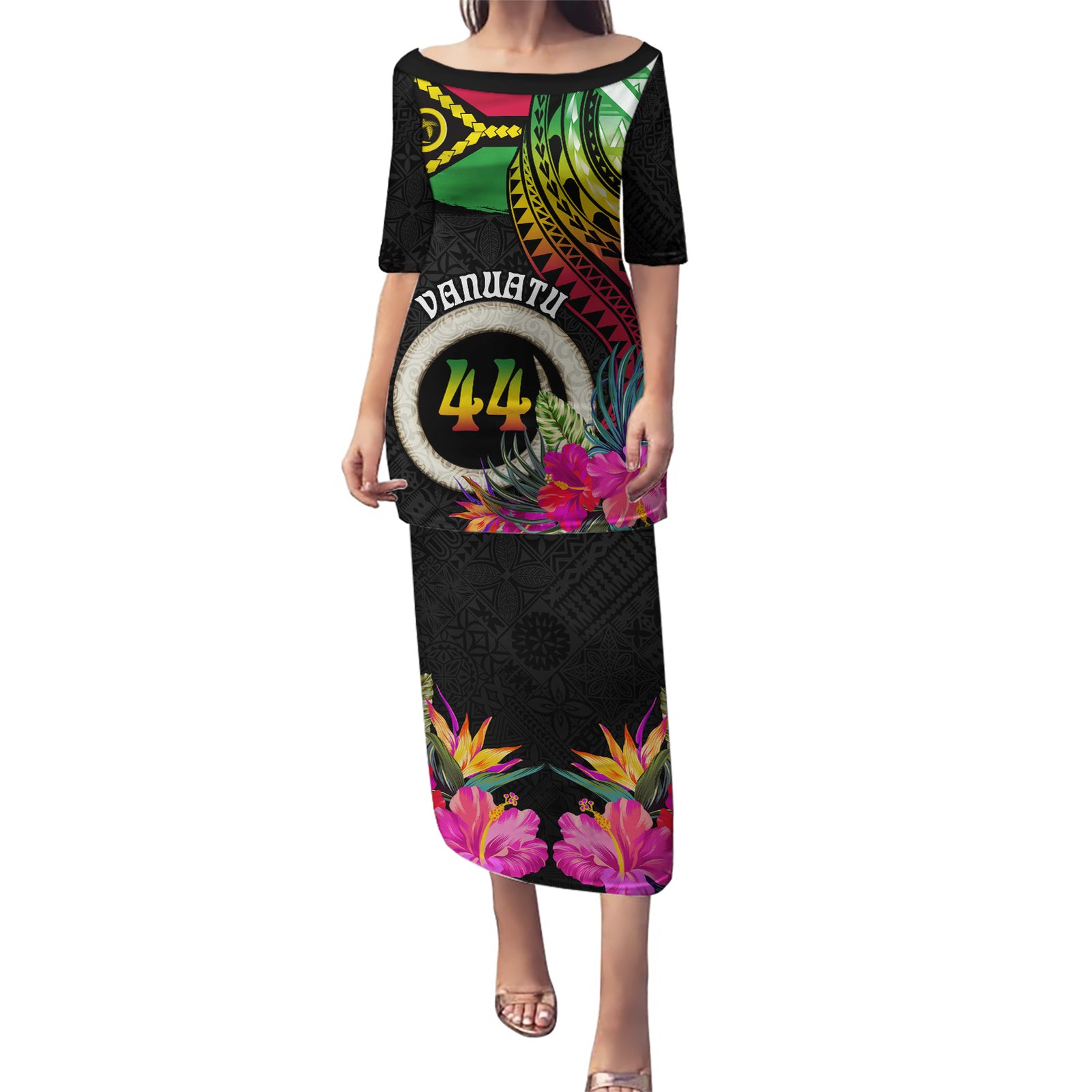 Personalised Vanuatu 44th Anniversary Puletasi Boars Tusk Tugeta Yumi Selebretem Indipendens Dei LT03 Long Dress Black - Polynesian Pride