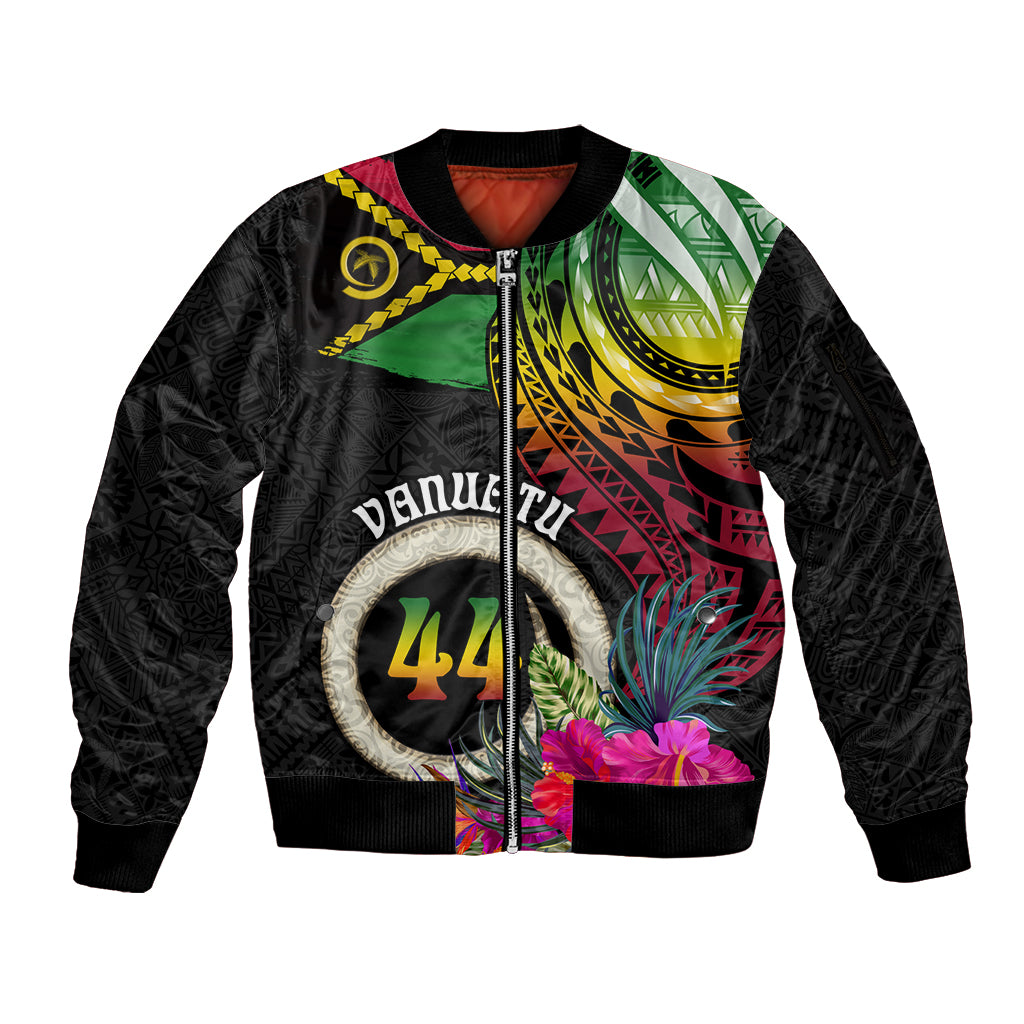 Personalised Vanuatu 44th Anniversary Sleeve Zip Bomber Jacket Boars Tusk Tugeta Yumi Selebretem Indipendens Dei LT03 Unisex Black - Polynesian Pride