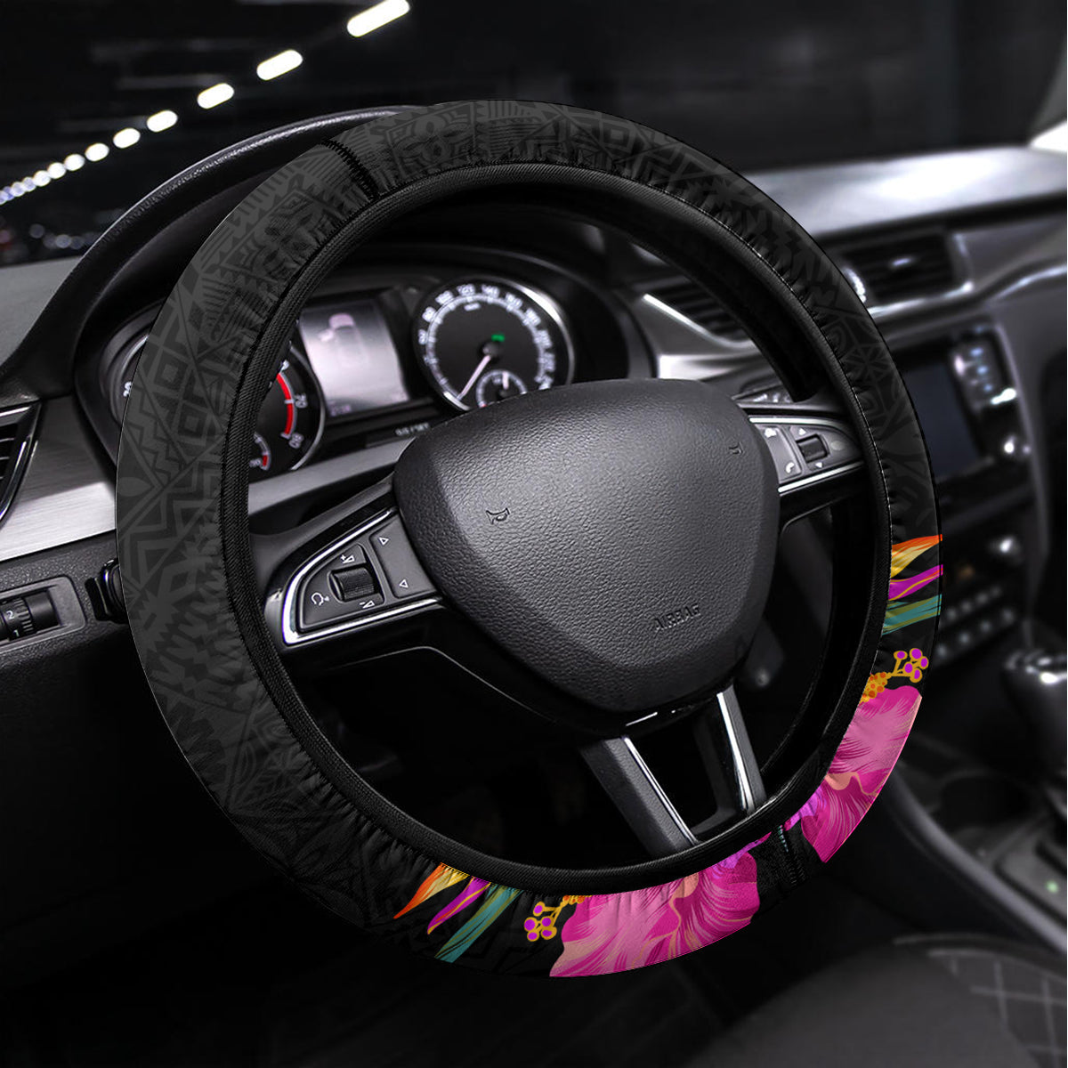 Personalised Vanuatu 44th Anniversary Steering Wheel Cover Boars Tusk Tugeta Yumi Selebretem Indipendens Dei LT03 Universal Fit Black - Polynesian Pride