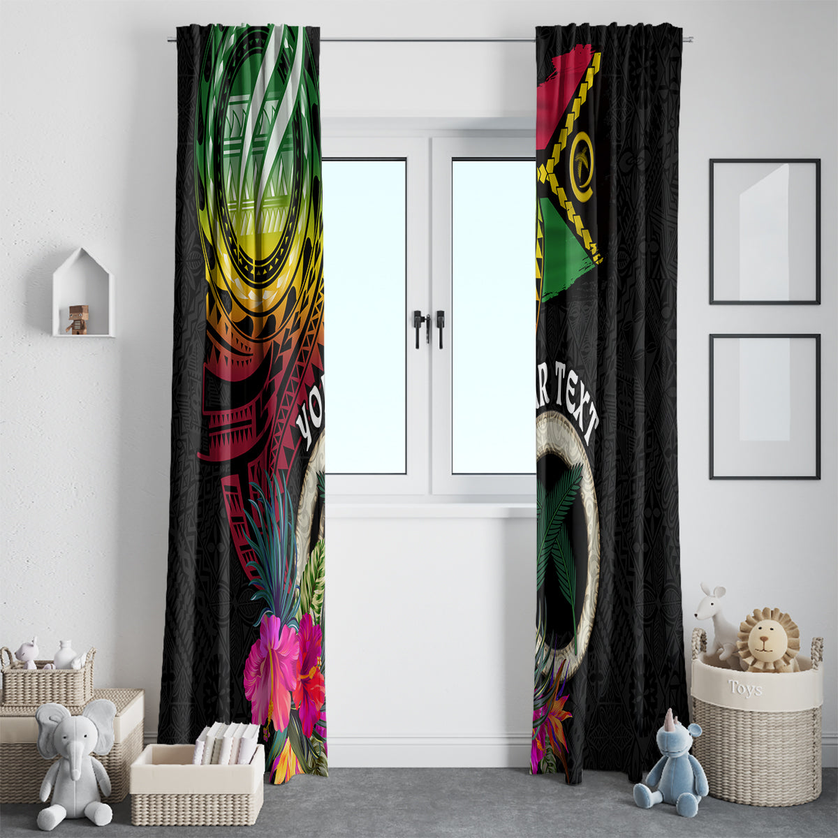 Personalised Vanuatu 44th Anniversary Window Curtain Boars Tusk Tugeta Yumi Selebretem Indipendens Dei LT03 - Polynesian Pride