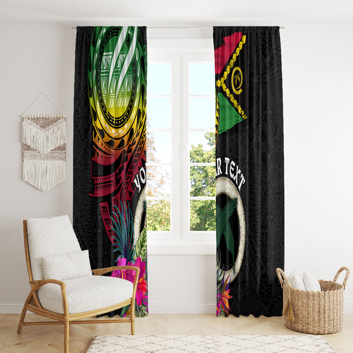 Personalised Vanuatu 44th Anniversary Window Curtain Boars Tusk Tugeta Yumi Selebretem Indipendens Dei LT03 - Polynesian Pride