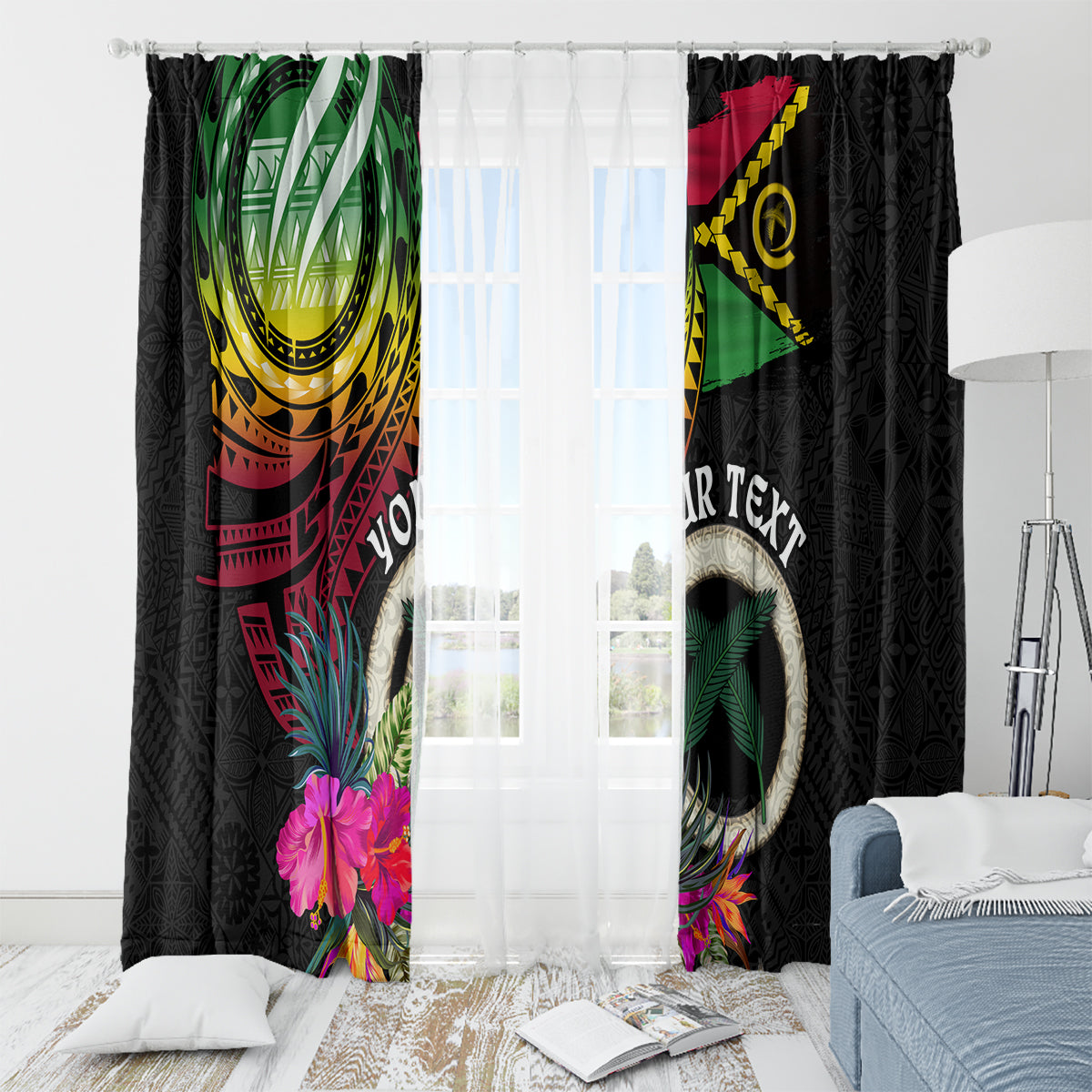 Personalised Vanuatu 44th Anniversary Window Curtain Boars Tusk Tugeta Yumi Selebretem Indipendens Dei LT03 - Polynesian Pride
