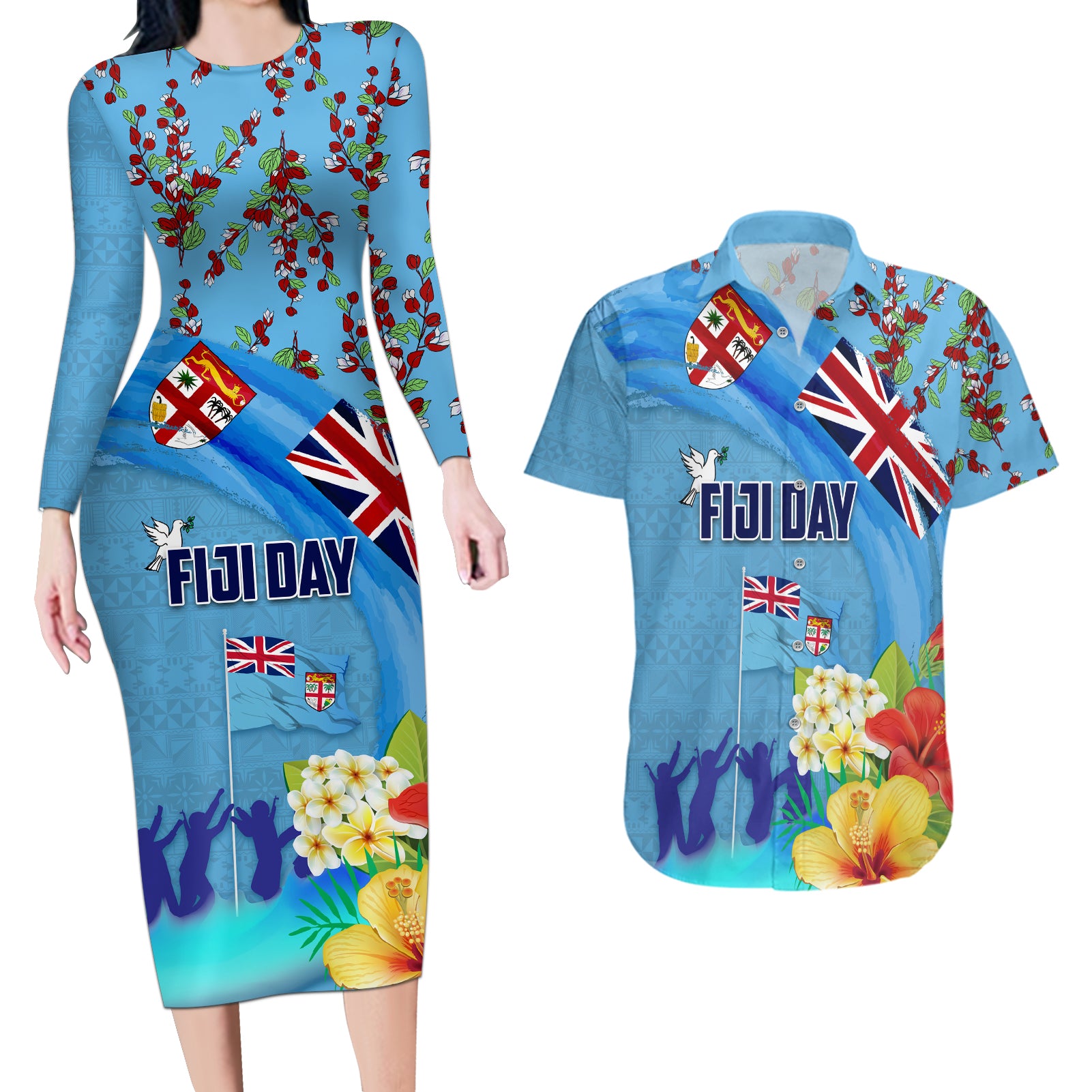 Fiji Day Couples Matching Long Sleeve Bodycon Dress and Hawaiian Shirt Tagimoucia Flower and Melanesia Pattern