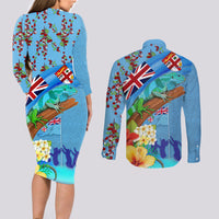 Fiji Day Couples Matching Long Sleeve Bodycon Dress and Long Sleeve Button Shirt Tagimoucia Flower and Melanesia Pattern