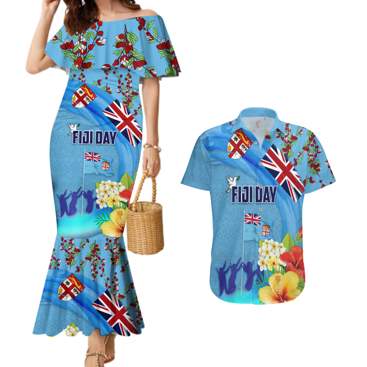 Fiji Day Couples Matching Mermaid Dress and Hawaiian Shirt Tagimoucia Flower and Melanesia Pattern