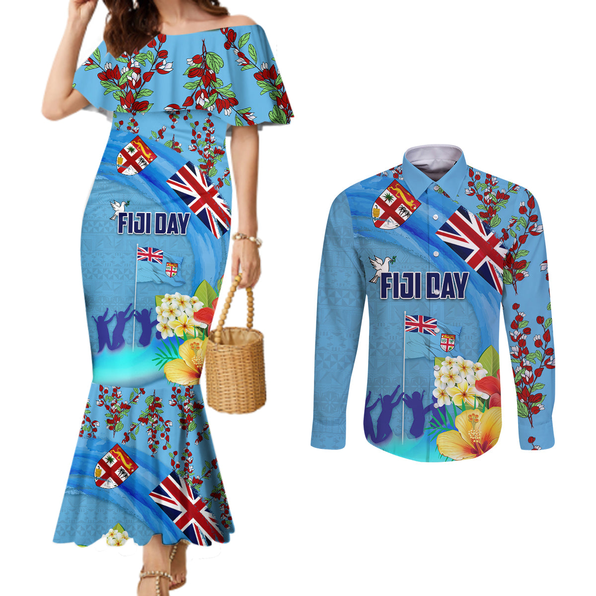 Fiji Day Couples Matching Mermaid Dress and Long Sleeve Button Shirt Tagimoucia Flower and Melanesia Pattern