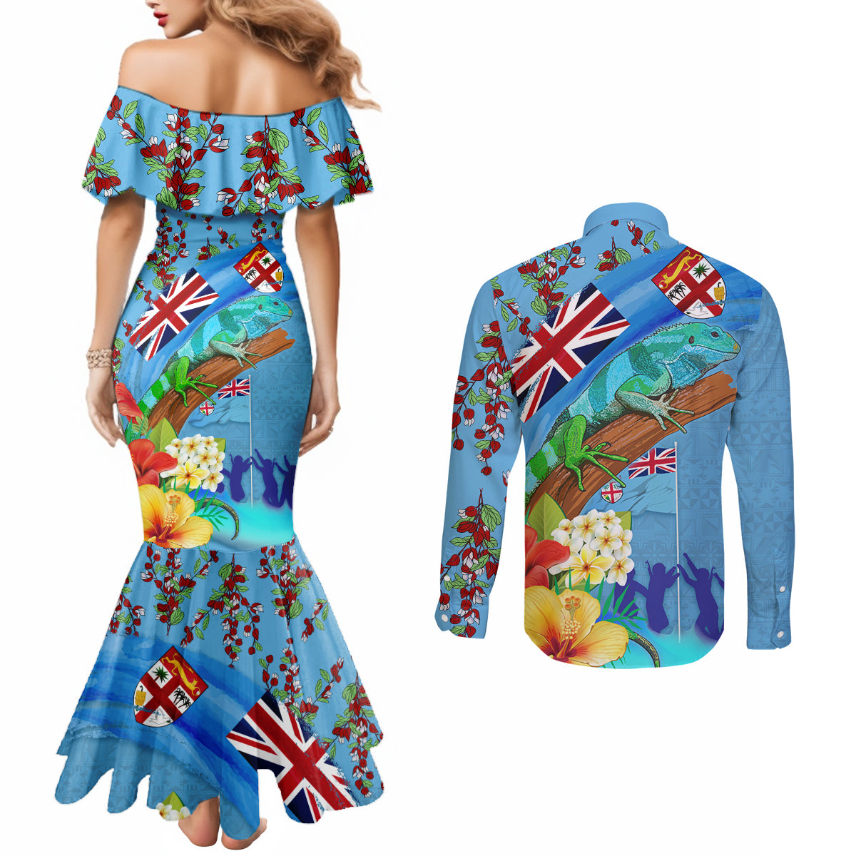 Fiji Day Couples Matching Mermaid Dress and Long Sleeve Button Shirt Tagimoucia Flower and Melanesia Pattern
