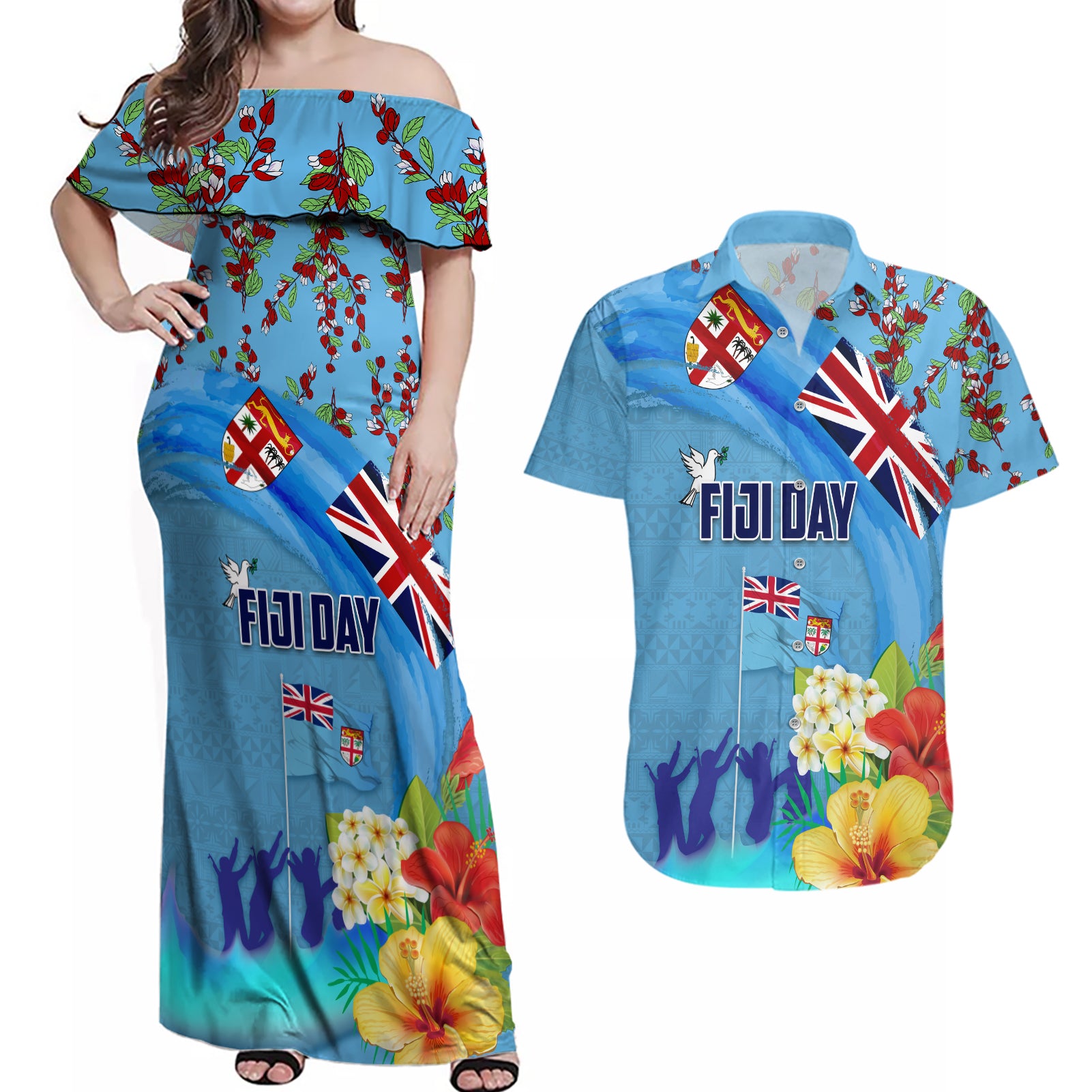 Fiji Day Couples Matching Off Shoulder Maxi Dress and Hawaiian Shirt Tagimoucia Flower and Melanesia Pattern