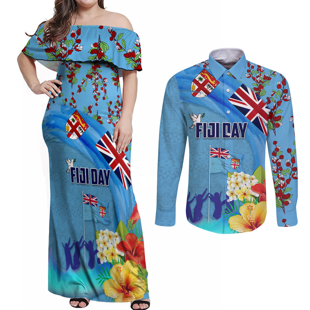 Fiji Day Couples Matching Off Shoulder Maxi Dress and Long Sleeve Button Shirt Tagimoucia Flower and Melanesia Pattern