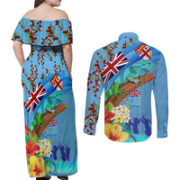 Fiji Day Couples Matching Off Shoulder Maxi Dress and Long Sleeve Button Shirt Tagimoucia Flower and Melanesia Pattern