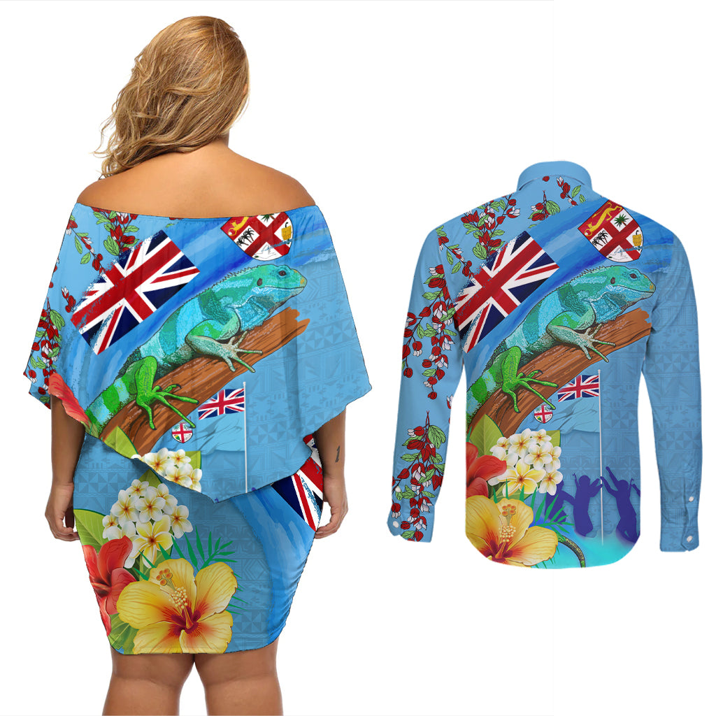Fiji Day Couples Matching Off Shoulder Short Dress and Long Sleeve Button Shirt Tagimoucia Flower and Melanesia Pattern