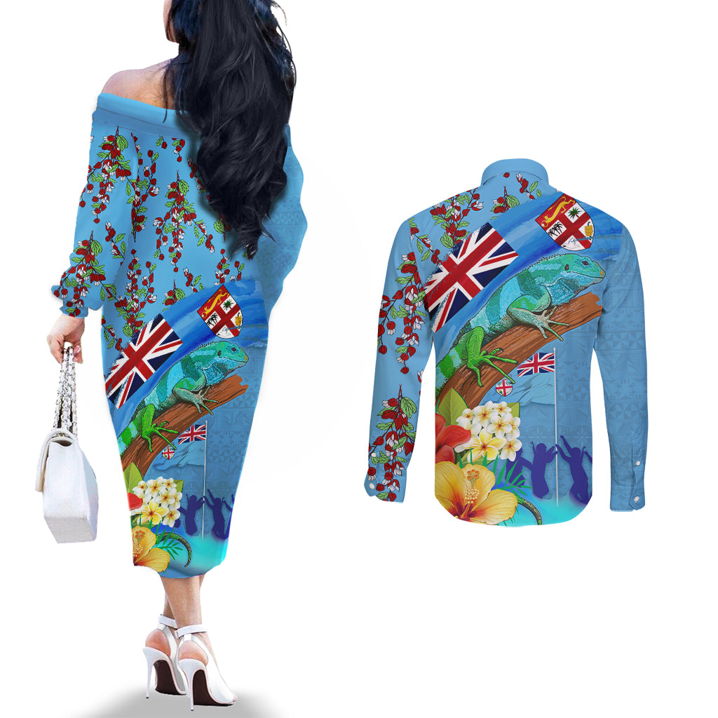 Fiji Day Couples Matching Off The Shoulder Long Sleeve Dress and Long Sleeve Button Shirt Tagimoucia Flower and Melanesia Pattern