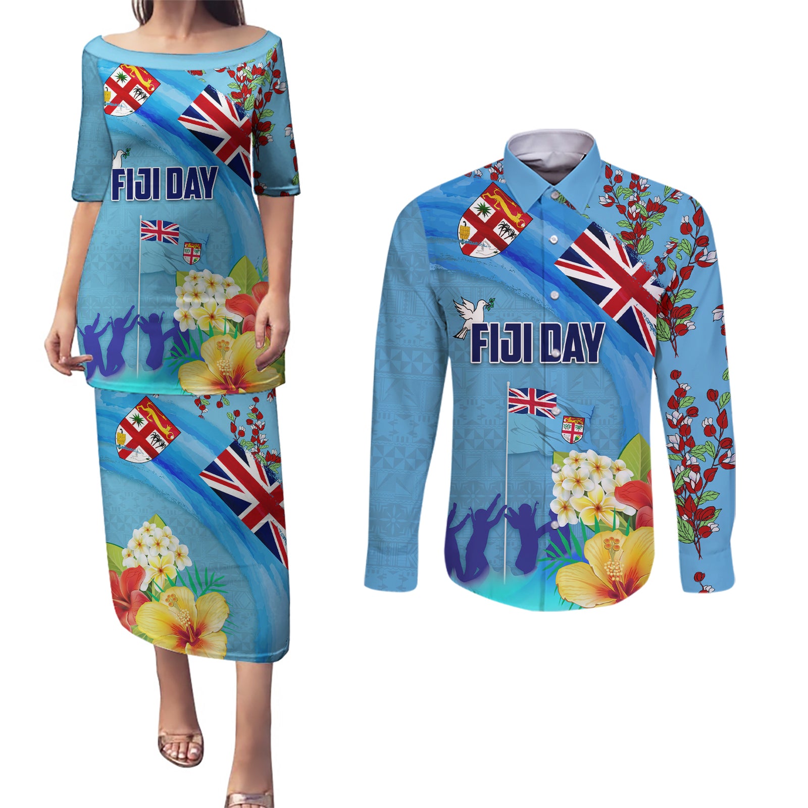 Fiji Day Couples Matching Puletasi and Long Sleeve Button Shirt Tagimoucia Flower and Melanesia Pattern