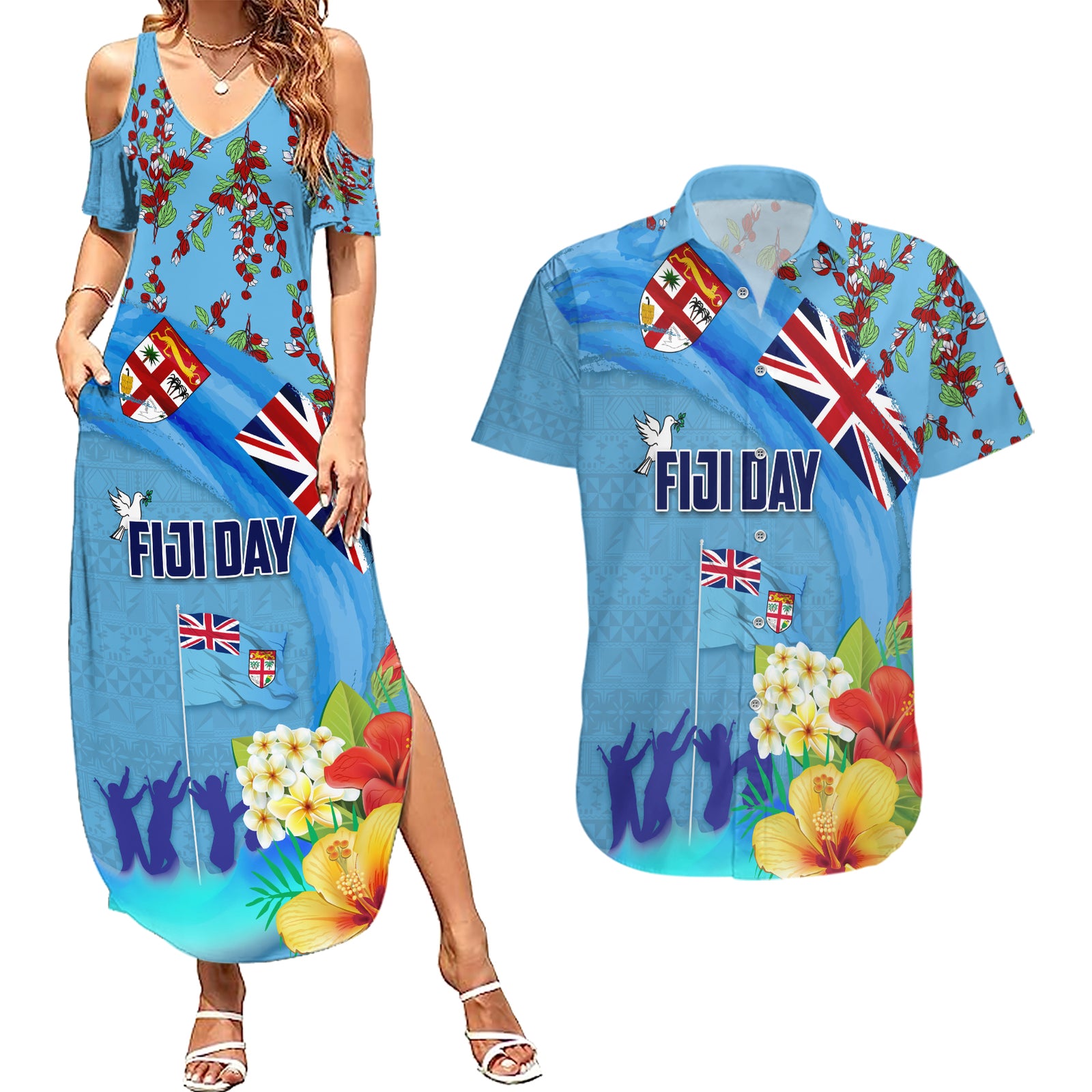 Fiji Day Couples Matching Summer Maxi Dress and Hawaiian Shirt Tagimoucia Flower and Melanesia Pattern