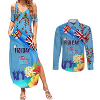 Fiji Day Couples Matching Summer Maxi Dress and Long Sleeve Button Shirt Tagimoucia Flower and Melanesia Pattern