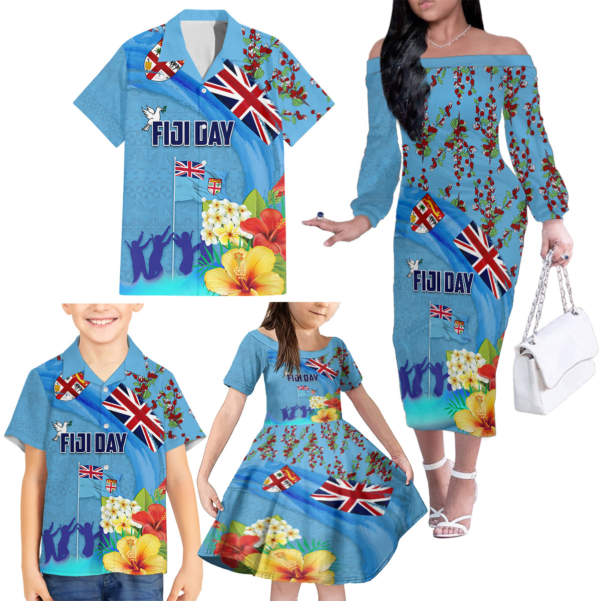 Fiji Day Family Matching Off The Shoulder Long Sleeve Dress and Hawaiian Shirt Tagimoucia Flower and Melanesia Pattern