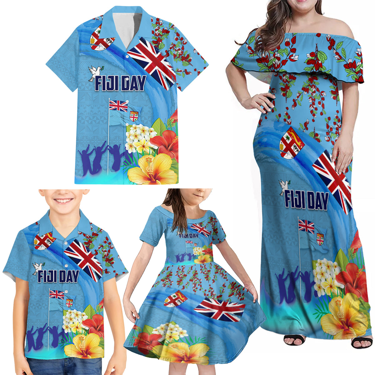 Fiji Day Family Matching Off Shoulder Maxi Dress and Hawaiian Shirt Tagimoucia Flower and Melanesia Pattern