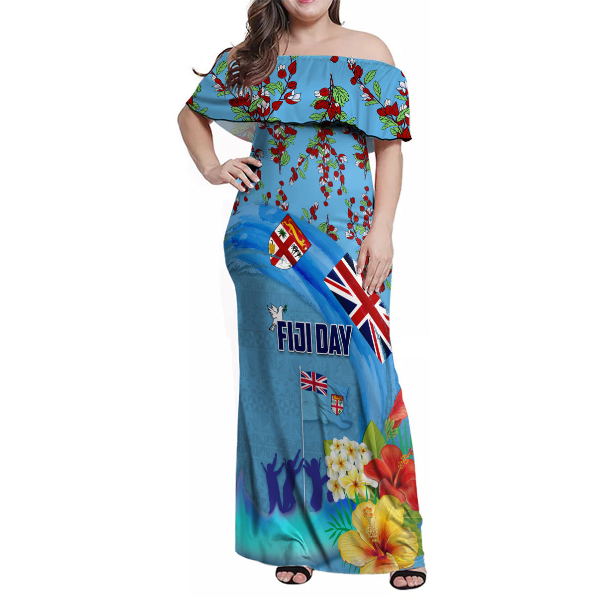 Fiji Day Family Matching Off Shoulder Maxi Dress and Hawaiian Shirt Tagimoucia Flower and Melanesia Pattern