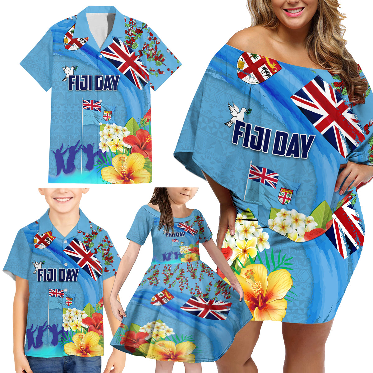 Fiji Day Family Matching Off Shoulder Short Dress and Hawaiian Shirt Tagimoucia Flower and Melanesia Pattern