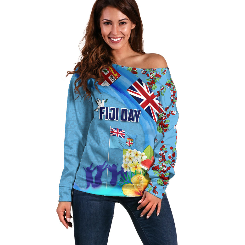 Fiji Day Off Shoulder Sweater Tagimoucia Flower and Melanesia Pattern