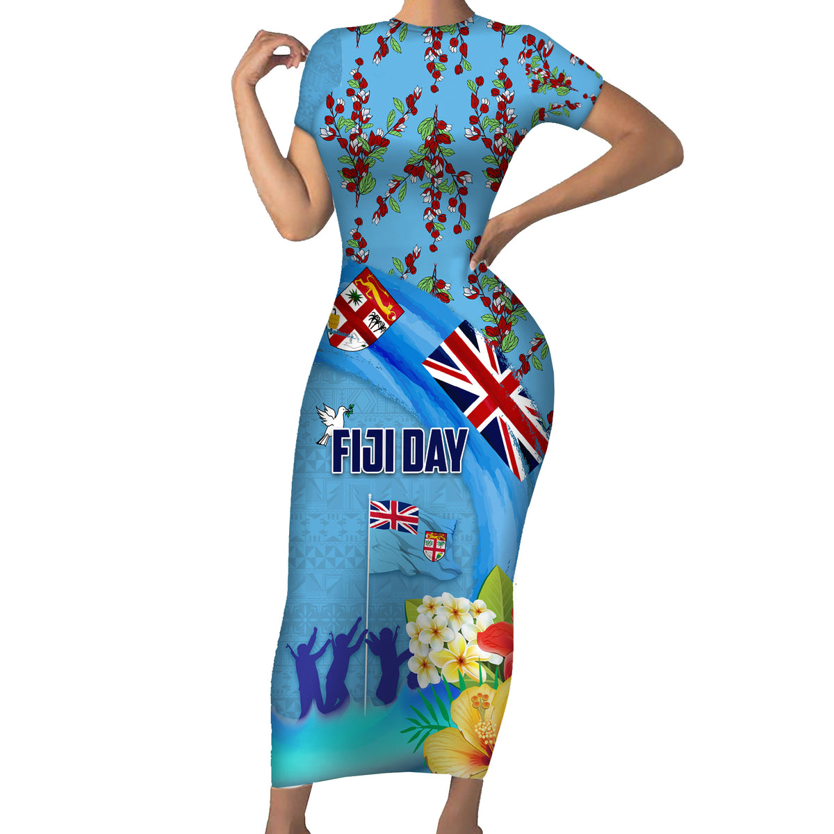 Fiji Day Short Sleeve Bodycon Dress Tagimoucia Flower and Melanesia Pattern