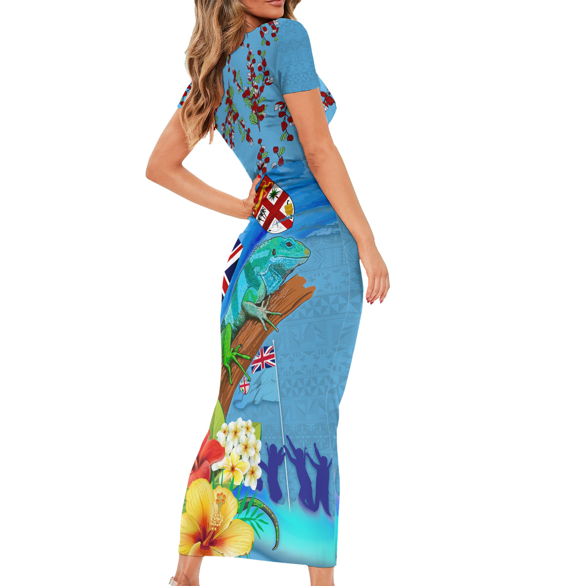 Fiji Day Short Sleeve Bodycon Dress Tagimoucia Flower and Melanesia Pattern