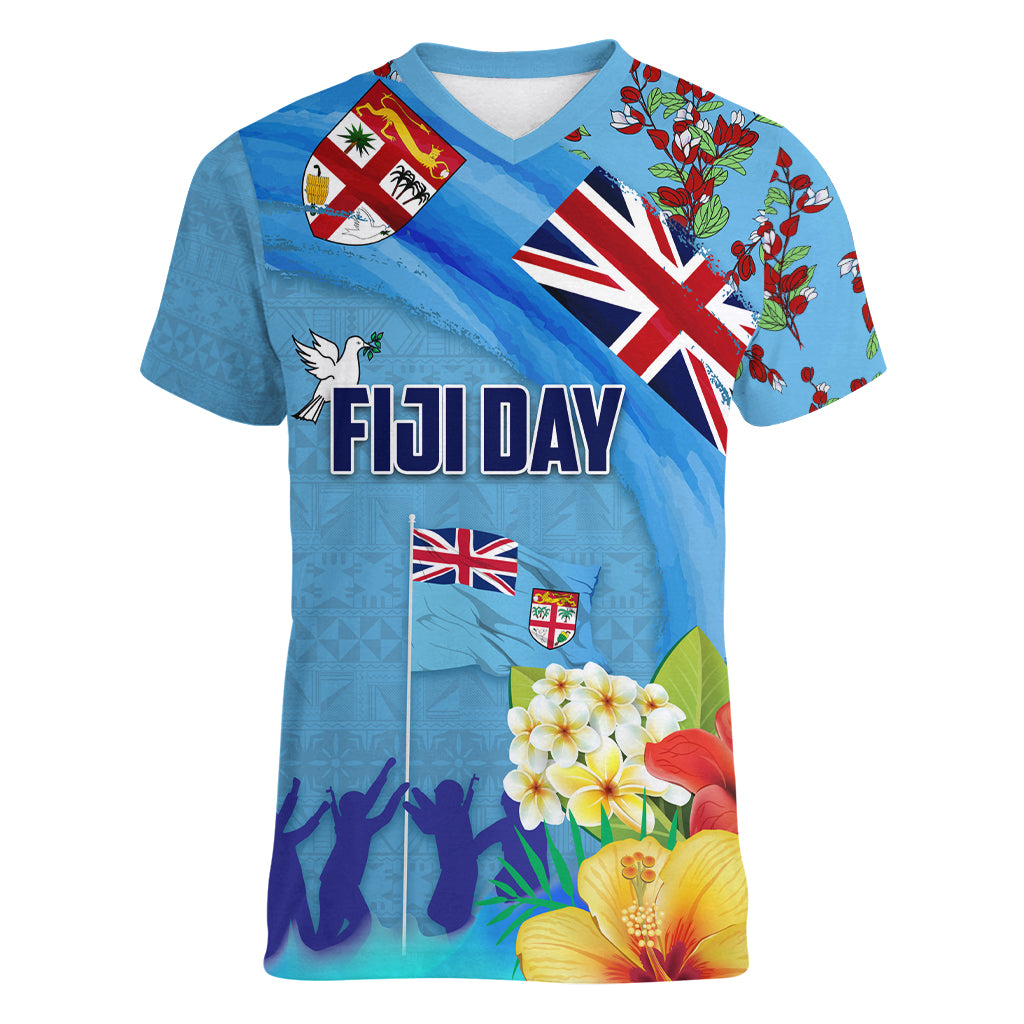Fiji Day Women V-Neck T-Shirt Tagimoucia Flower and Melanesia Pattern