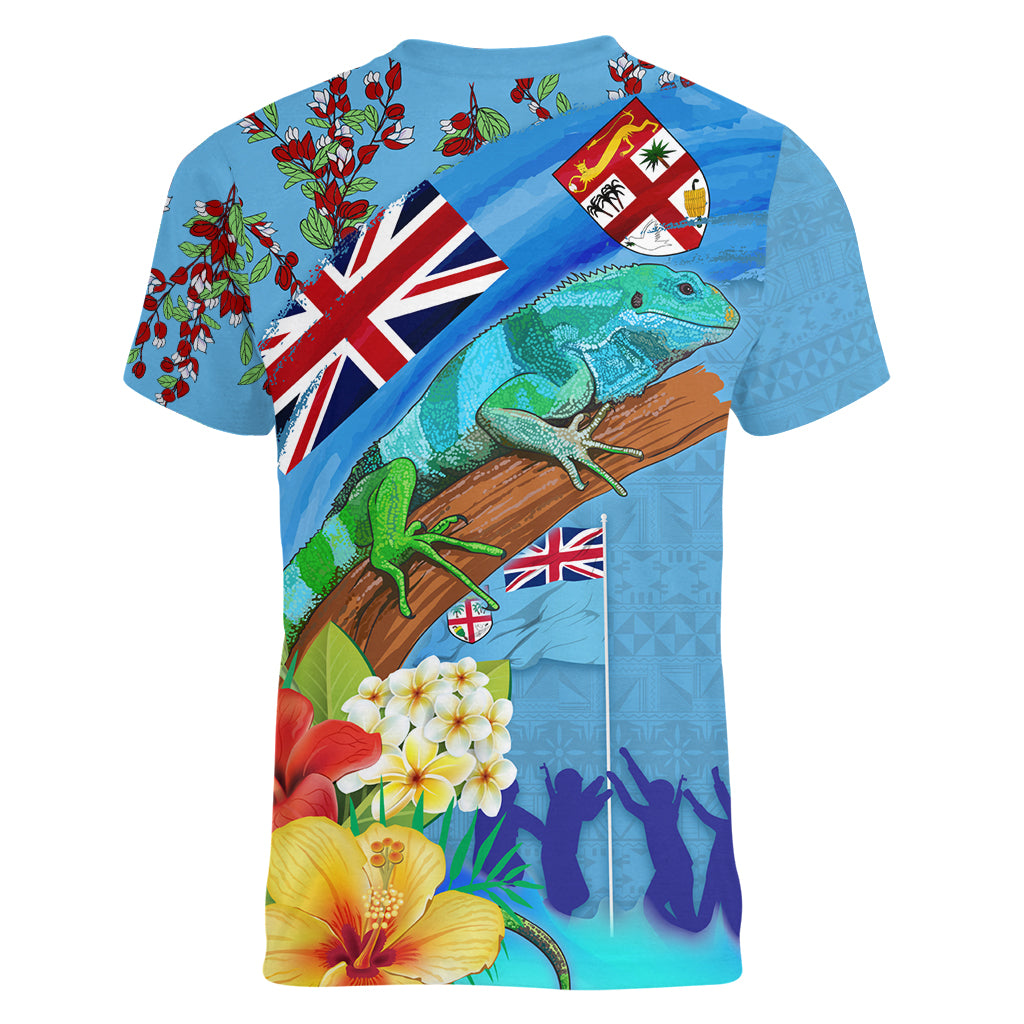 Fiji Day Women V-Neck T-Shirt Tagimoucia Flower and Melanesia Pattern
