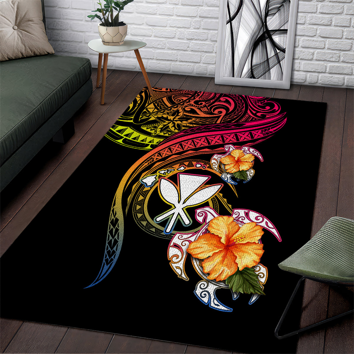 Polynesia Hawaii Turtle Day Area Rug Hibiscus and Kanaka Maoli