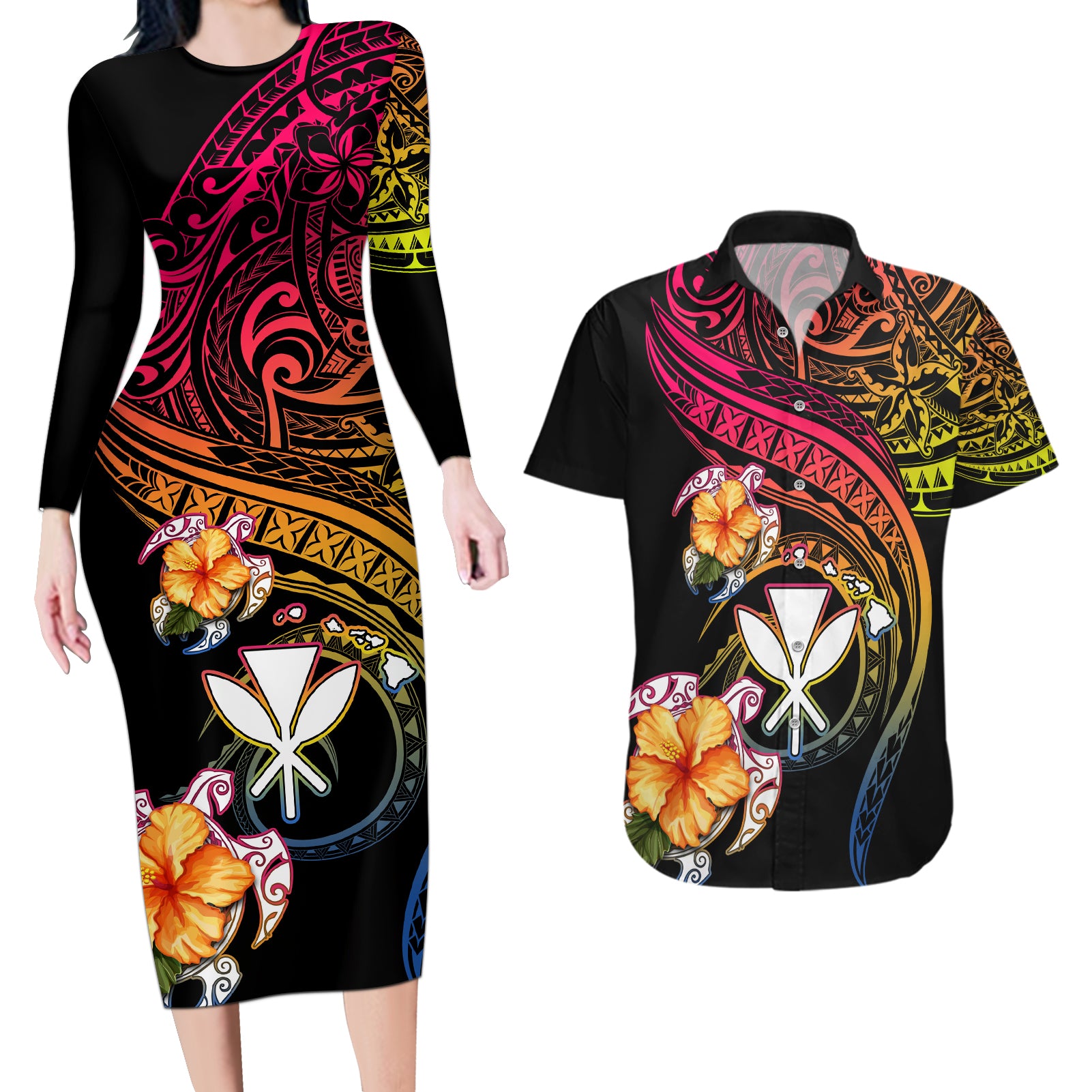 Polynesia Hawaii Turtle Day Couples Matching Long Sleeve Bodycon Dress and Hawaiian Shirt Hibiscus and Kanaka Maoli