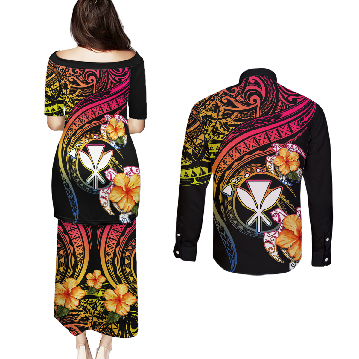 Polynesia Hawaii Turtle Day Couples Matching Puletasi and Long Sleeve Button Shirt Hibiscus and Kanaka Maoli