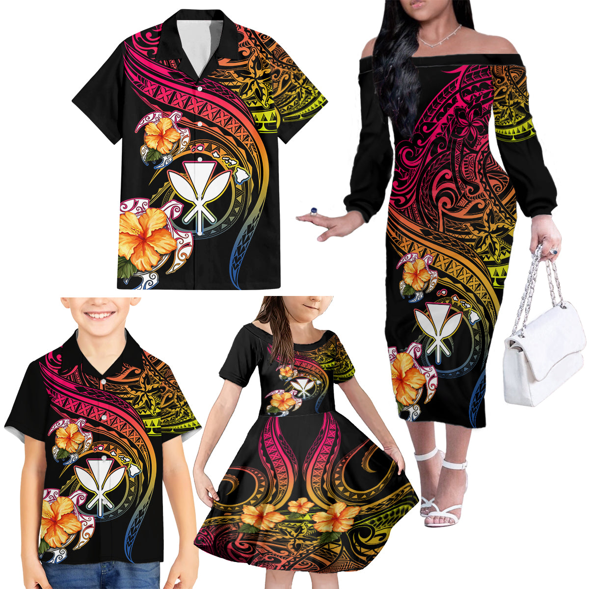 Polynesia Hawaii Turtle Day Family Matching Off The Shoulder Long Sleeve Dress and Hawaiian Shirt Hibiscus and Kanaka Maoli