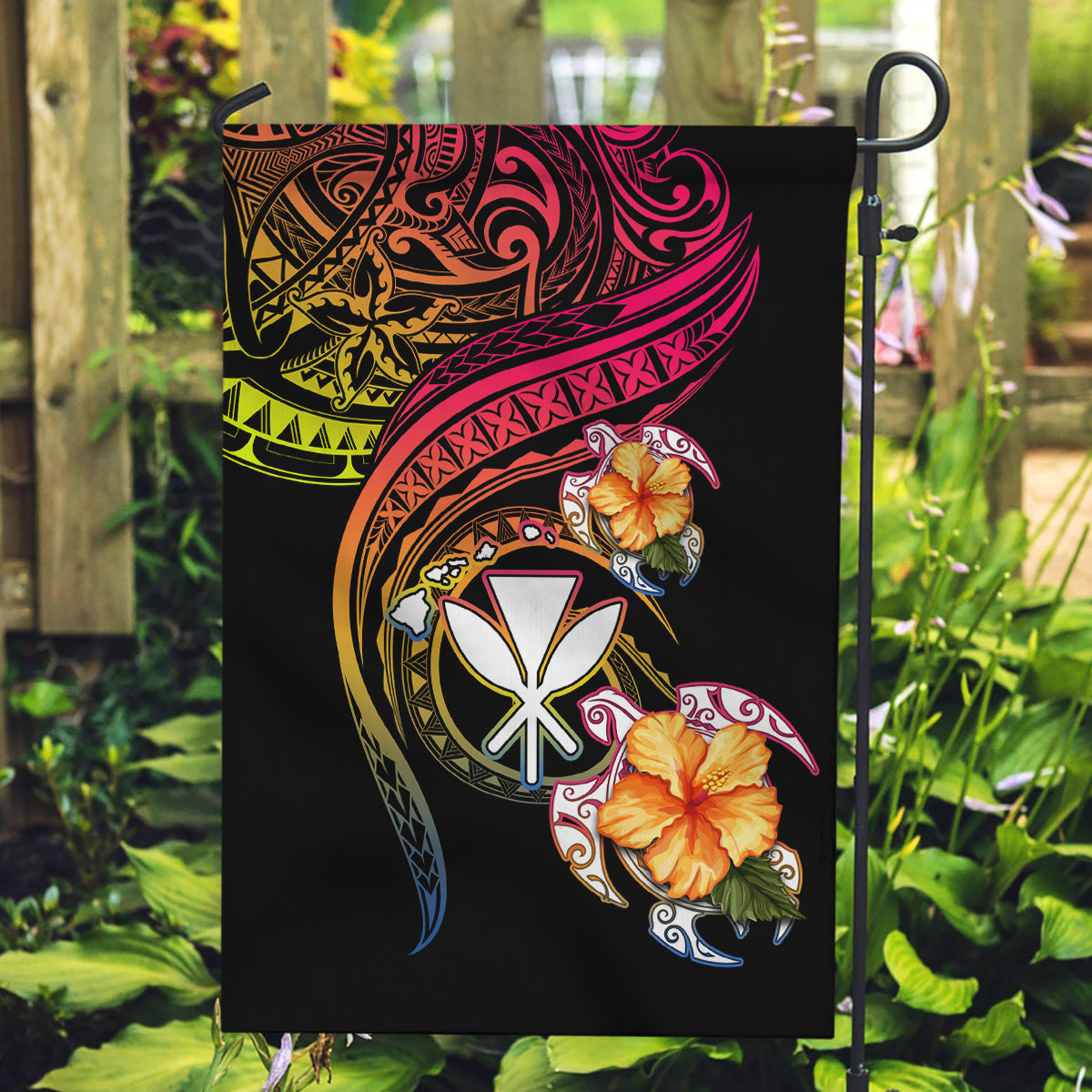 Polynesia Hawaii Turtle Day Garden Flag Hibiscus and Kanaka Maoli