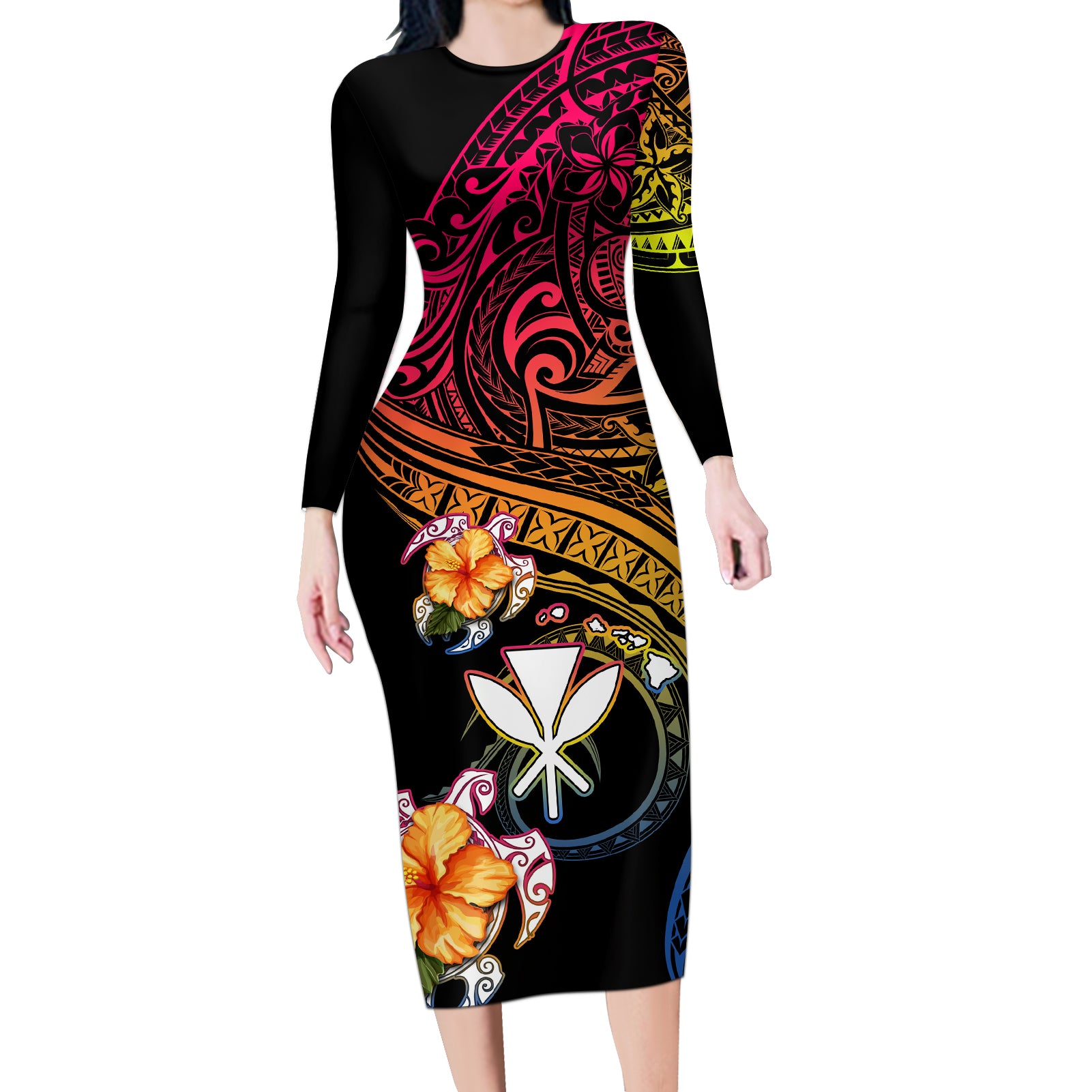 Polynesia Hawaii Turtle Day Long Sleeve Bodycon Dress Hibiscus and Kanaka Maoli