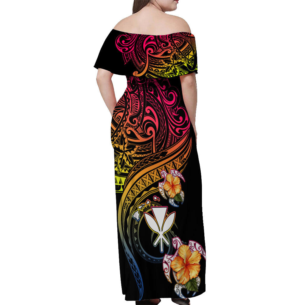 Polynesia Hawaii Turtle Day Off Shoulder Maxi Dress Hibiscus and Kanaka Maoli