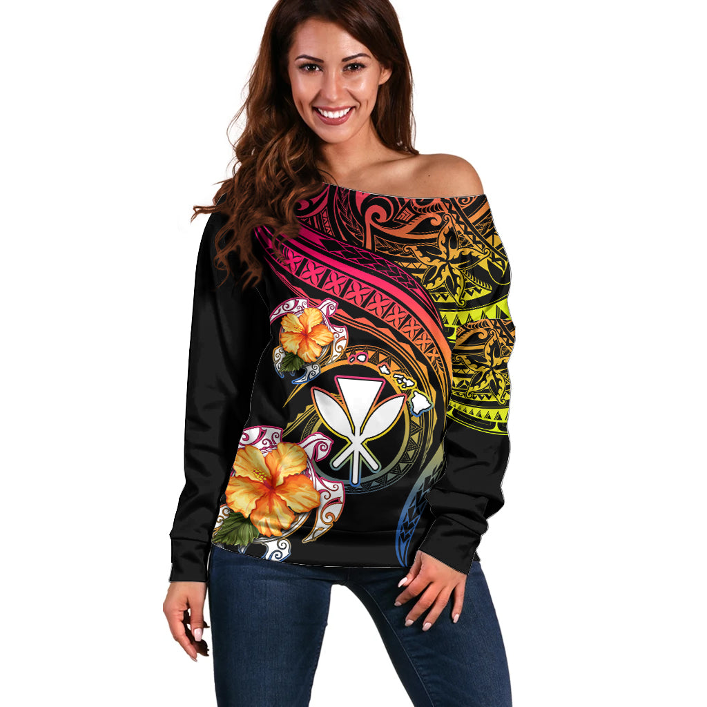 Polynesia Hawaii Turtle Day Off Shoulder Sweater Hibiscus and Kanaka Maoli