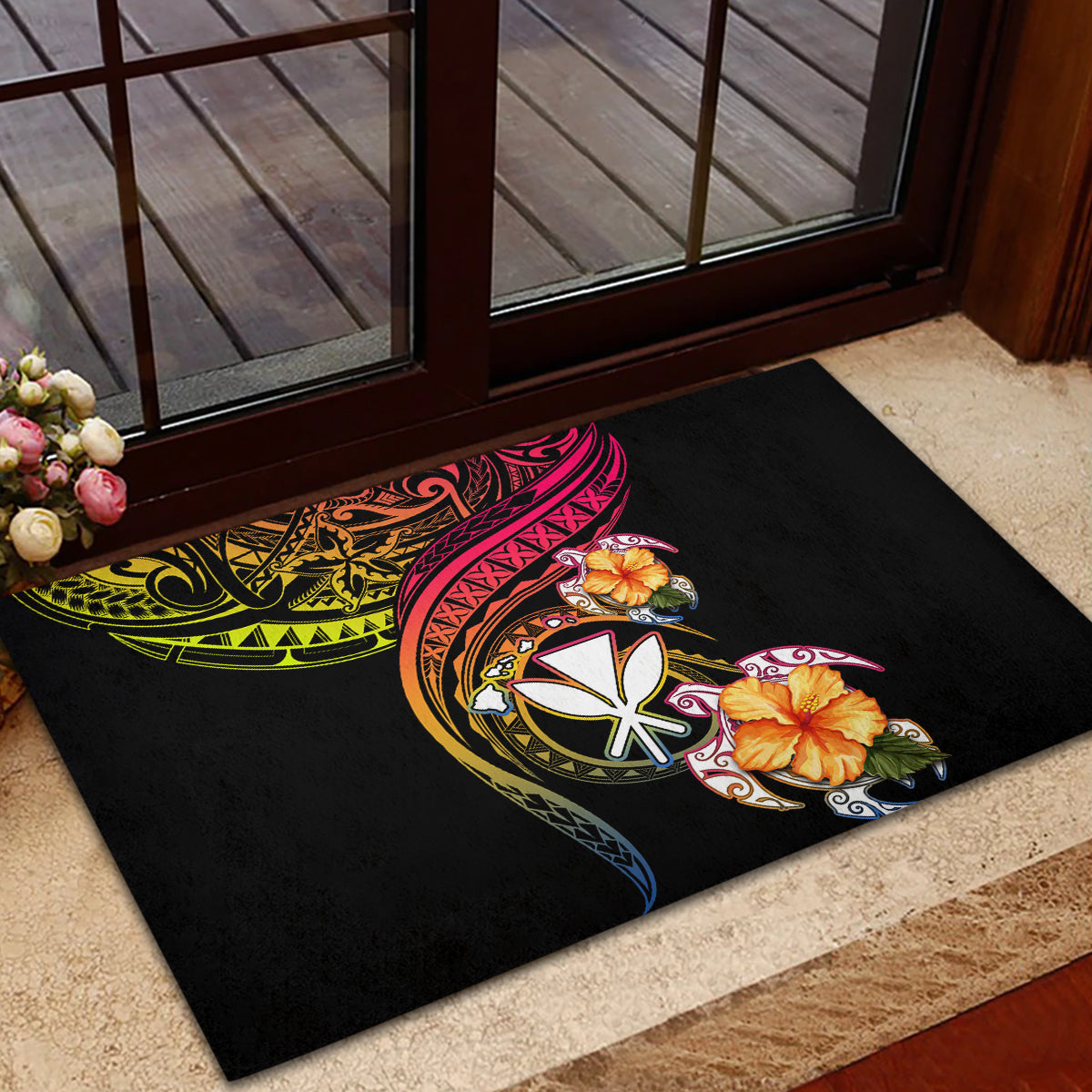 Polynesia Hawaii Turtle Day Rubber Doormat Hibiscus and Kanaka Maoli