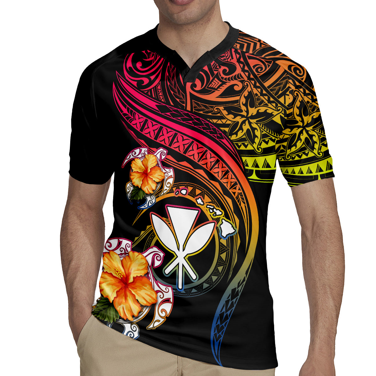 Polynesia Hawaii Turtle Day Rugby Jersey Hibiscus and Kanaka Maoli