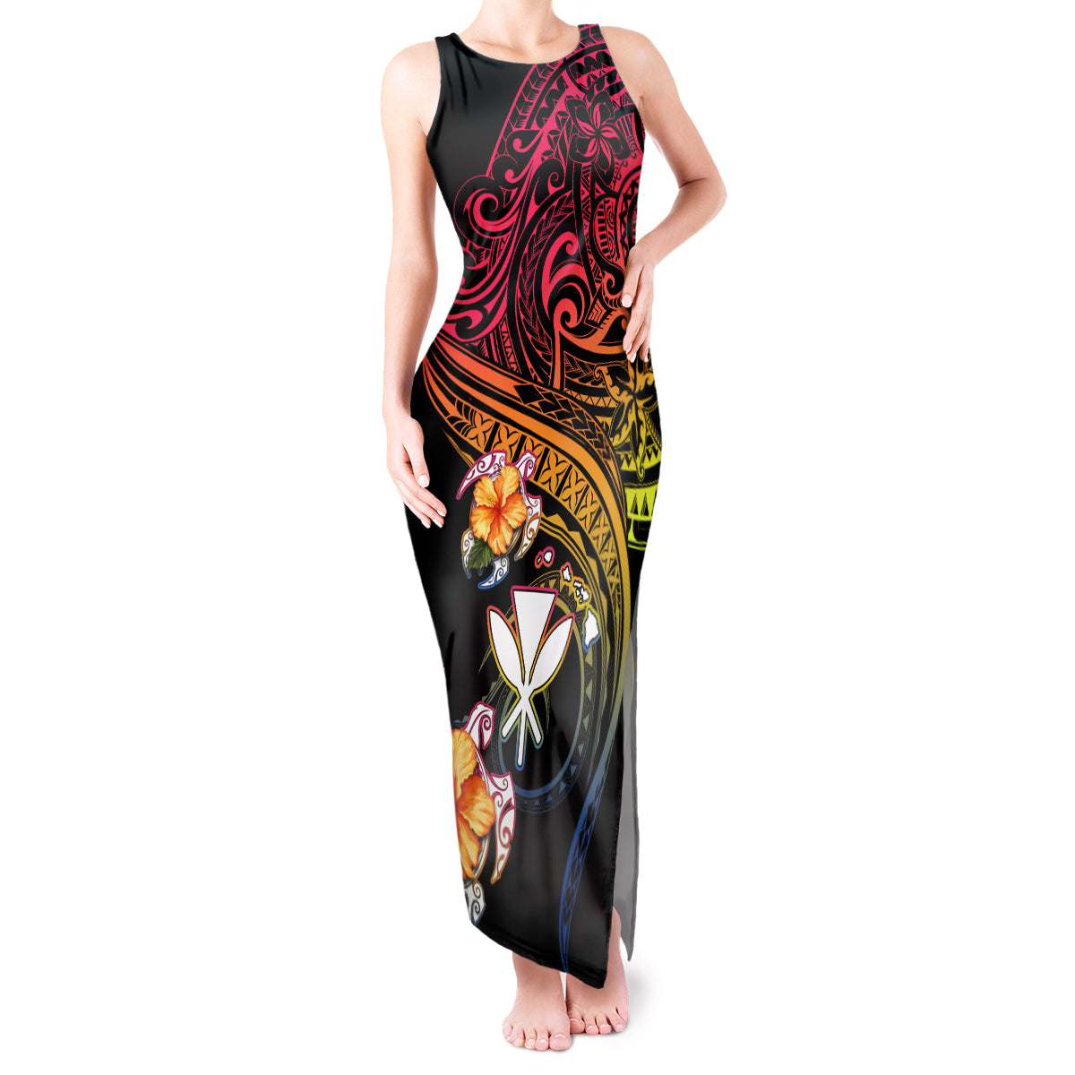 Polynesia Hawaii Turtle Day Tank Maxi Dress Hibiscus and Kanaka Maoli