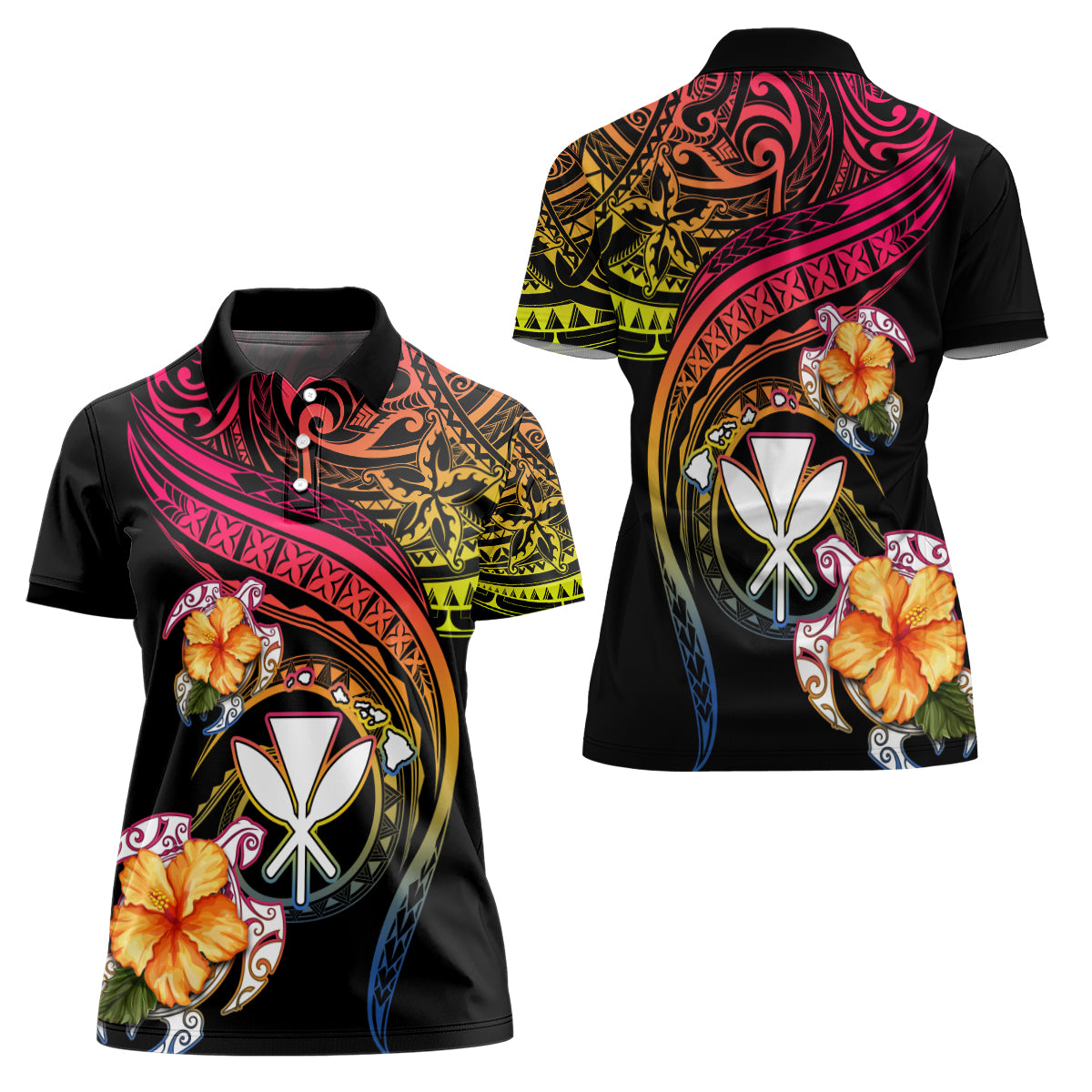 Polynesia Hawaii Turtle Day Women Polo Shirt Hibiscus and Kanaka Maoli