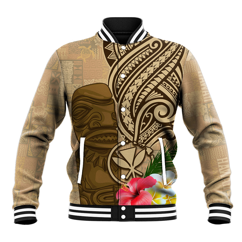 Hawaii Kanaloa Tiki Baseball Jacket Polynesian Tattoo and Tapa Pattern LT03 Unisex Beige - Polynesian Pride