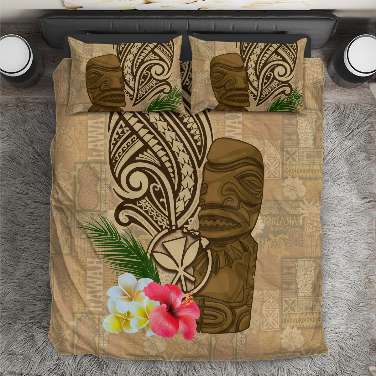 Hawaii Kanaloa Tiki Bedding Set Polynesian Tattoo and Tapa Pattern LT03 Beige - Polynesian Pride