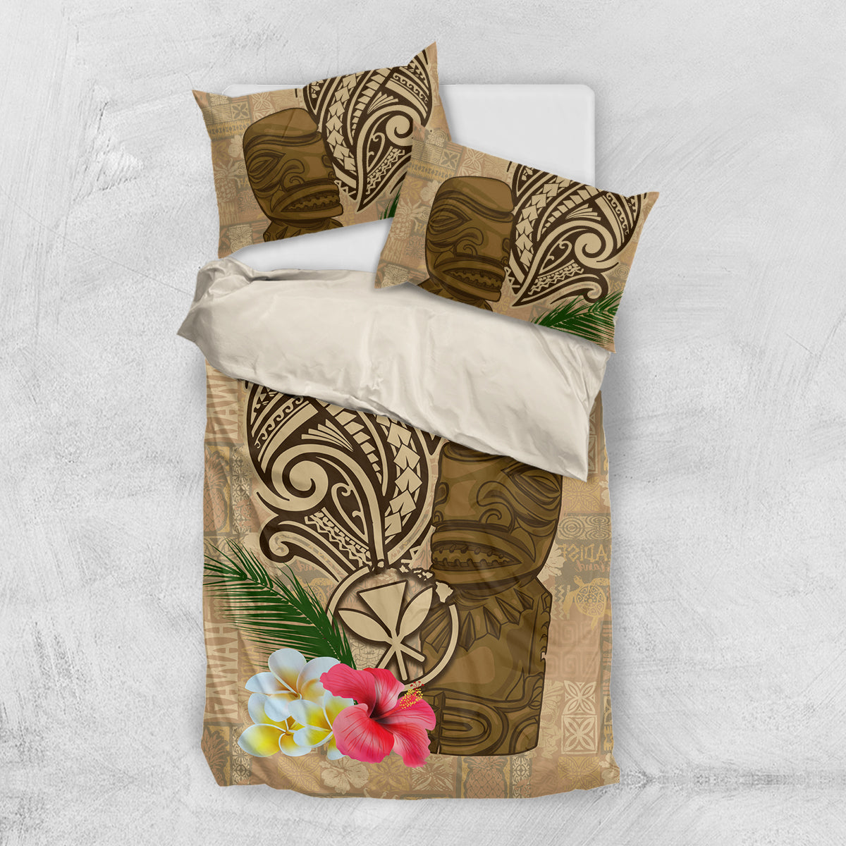 Hawaii Kanaloa Tiki Bedding Set Polynesian Tattoo and Tapa Pattern LT03 US Twin 172cm x 218cm Beige - Polynesian Pride